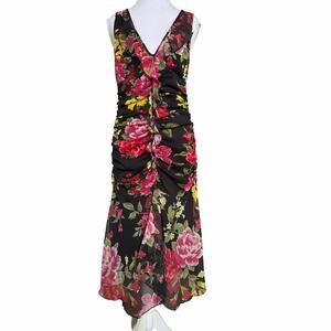 Morgan De Toi Floral Ruched Midi Dress Black Sheer Overlay Ruffle Size T2 S